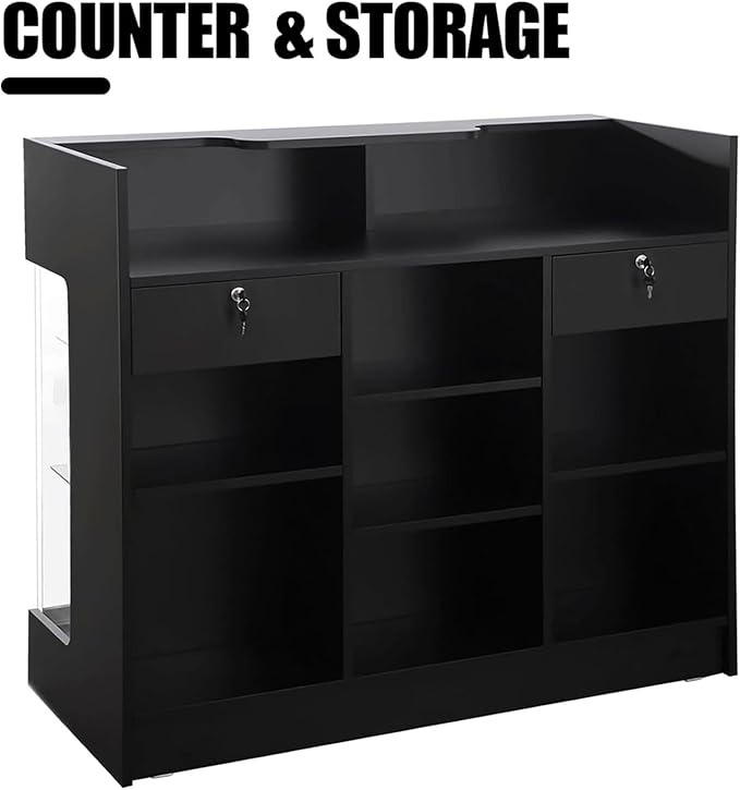 4ft Retail Checkout Counter with Front Glass Display Showcase – Black Ledge Top Store Counter with Tempered Glass, Locking Drawers & Storage Shelves – Boutique Display Cabinet