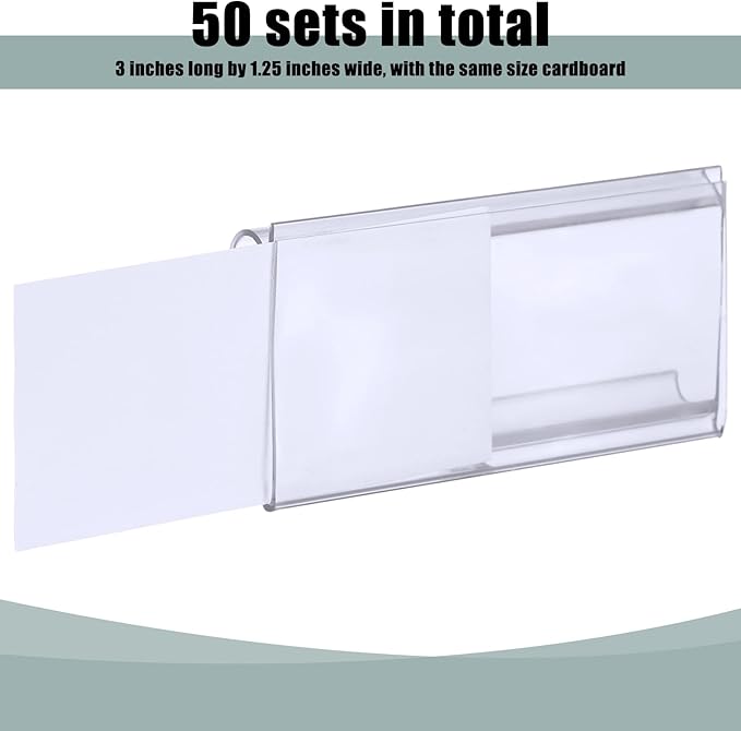 Kathfly 50 Pcs Plastic Wire Shelf Label Holder, Sign and Ticket Holder Clips with Paper Insert Area 3"x1.25" Compatible with Metro 1-1/4 Inch Shelves, Label Inserts Included