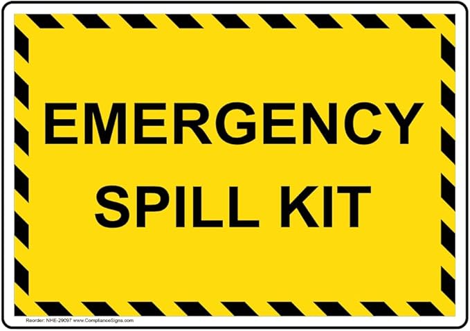 ComplianceSigns.com Emergency Spill Kit Label Decal, 5 x 3.5 inch 4-Pack Vinyl for Hazmat Industrial Notices Facilities, American Made Safety Stickers