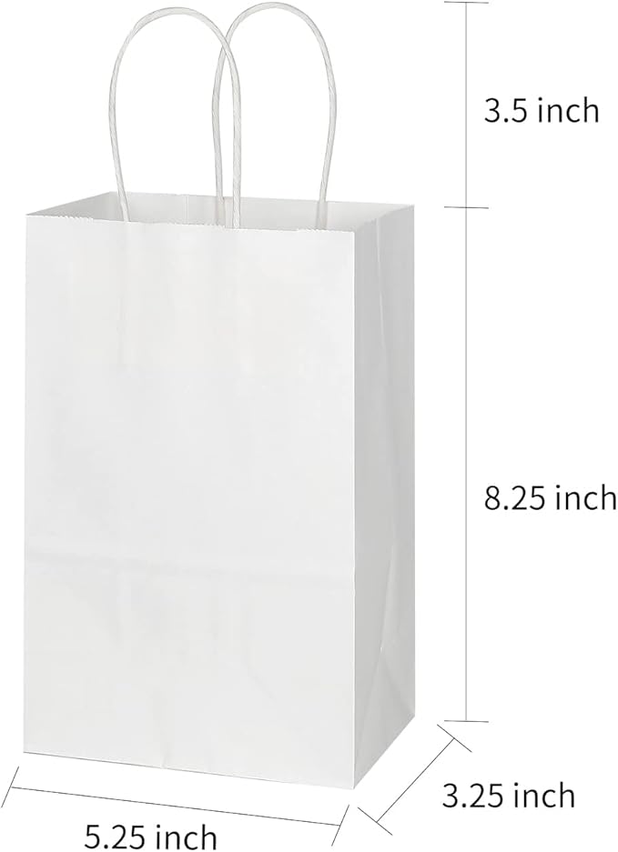 Toovip 100 Pack 5.25x3.25x8.25 Inch Small White Kraft Paper Bags with Handles Bulk, Gift Wrap Bags for Favor Grocery Retail Party Birthday Shopping Business Goody Craft Sacks Merchandise Take Out Cub