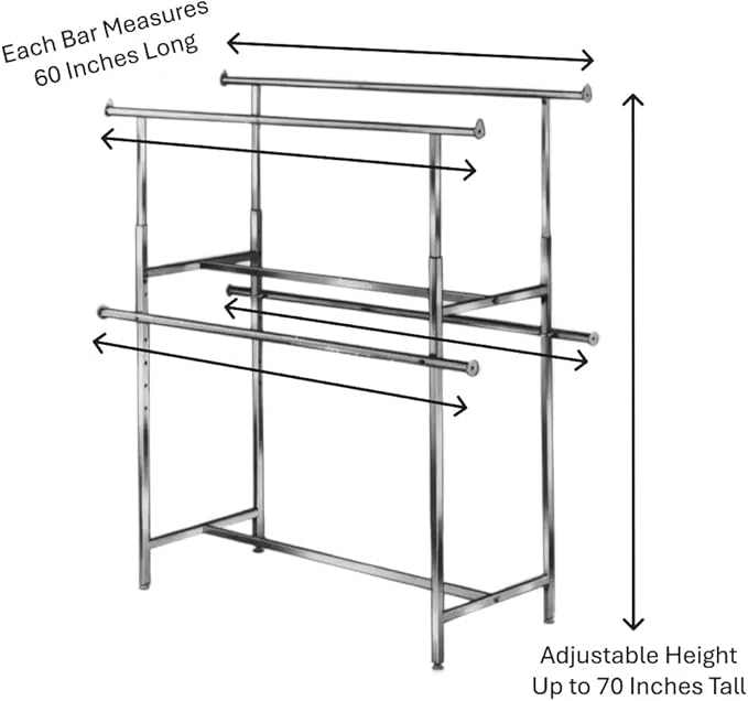 Econoco Double Bar Clothing Rack – Adjustable Garment Display with Rectangular Hangrail, Chrome (Base + Hang Bars)