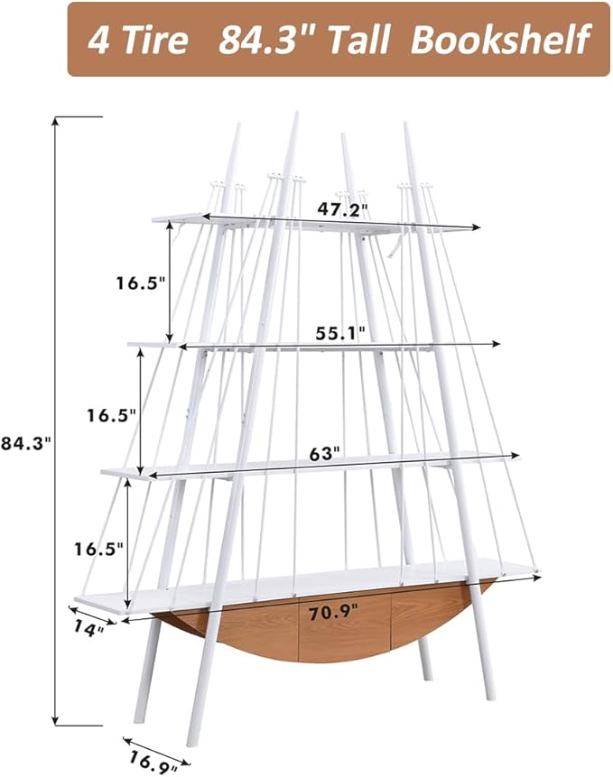 Boat-Shaped Bookshelf, 4 Tier Ladder Bookcase with Drawer 84.3" Tall Bookshelves for Storage Display Decor Easy Assembly Bookcase Furniture for Bedroom, Living Room and Home Office