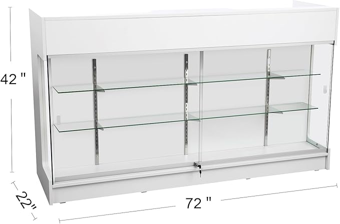 72" W x 22" D x 42" H - Ledgetop Checkout Counter with Glass Showcase View Front, White Wooden Cash Register Stand with Showcase,Retail Glass Display Cabinet Counter