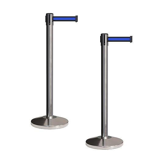 Crowd Control Warehouse CCW Set of 2 Retractable Belt Barriers Stanchion, Polished Stainless Steel Post, RBB-100 (9 Foot Belt, Black Horizontal Blue Stripe Belt)