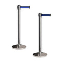 Crowd Control Warehouse CCW Set of 2 Retractable Belt Barriers Stanchion, Polished Stainless Steel Post, RBB-100 (9 Foot Belt, Black Horizontal Blue Stripe Belt)