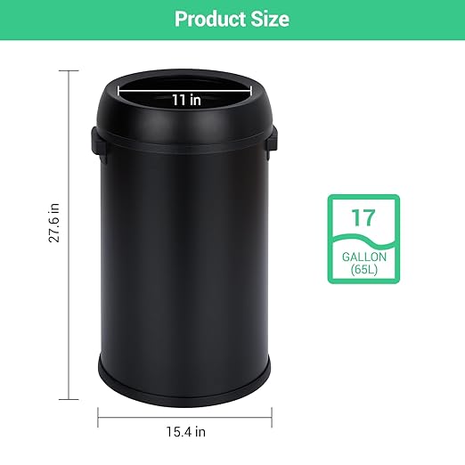 TrailBlaze 65L/17 Gallon Commercial Kitchen Trash Can - Stainless Steel, Open Top, Heavy Duty, Large Capacity Rubbish & Recycling Bin for Home, Office, Restaurant - Black Matte Open