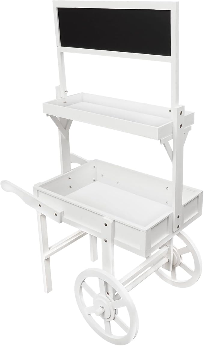 Flower Display Stand with Blackboard, 2 Tier Flower Cart Display Rack, Plant Holder Display with Decoration Wheels, Heavy Duty Moving Flower Rack for Patio Garden Living Room Florist(White)