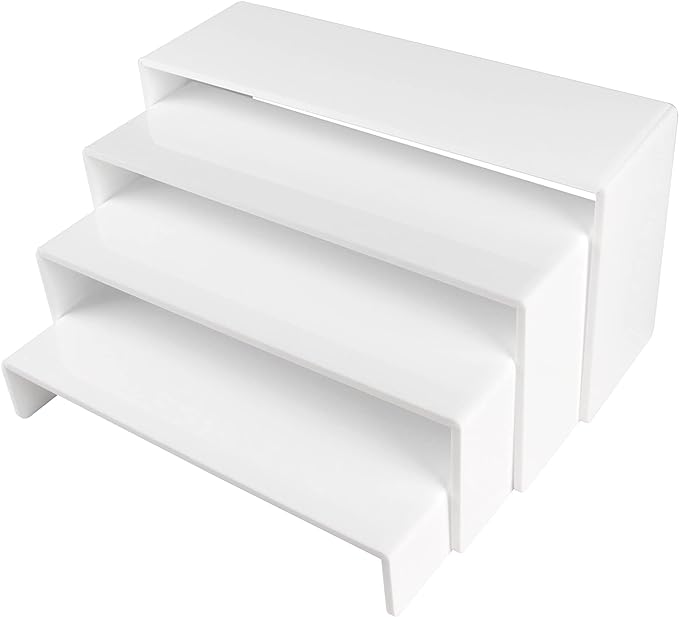 ELEGANTLIFE Acrylic Display Riser, 4.3mm Heavy Duty Crystal Display Stand Shelf Layered Aesthetic, Jewelry Display Shelf Risers for Décor, 4 Pack Set Multi-color (White)