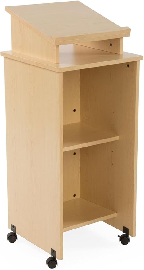 Rolling Wood Podium, 44"H, Locking Wheels, 2 Shelf Open Cabinet, Top Surface with Lip (Maple)