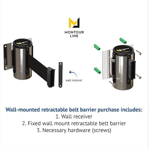 Montour Line WM115 Wall Mounted Retractable Belt Barrier with Standard Belt End, Fixed Mount, Polished Stainless Steel Casing (8.5 ft Yellow with"Caution - Wet Floor" Black Letters Belt)