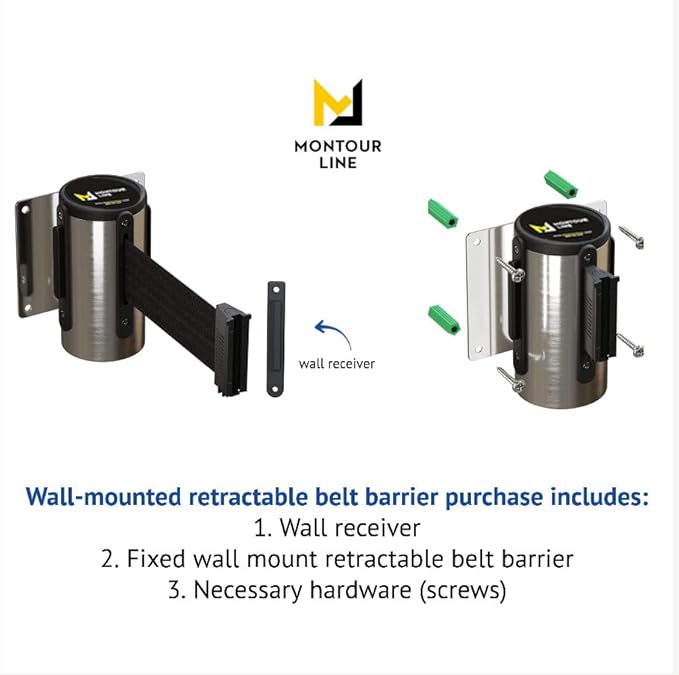 Montour Line WM115 Wall Mounted Retractable Belt Barrier with Standard Belt End, Fixed Mount, Polished Stainless Steel Casing (8.5 ft Black with White Horizontal Stripe Belt)
