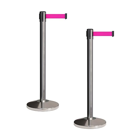 CCW Set of 2 Retractable Belt Barriers Stanchion, Polished Stainless Steel Post, RBB-100 (7.5 Foot Belt, Fluorescent Pink Belt)