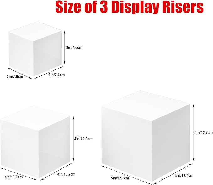 Clisela 3pcs Acrylic Cube Display Stands Box Risers with Hollow Bottoms, Food Risers for Buffet Table, Decorative Display Stand Shelf for Dessert Collectibles Jewelry Figures Show - White 3" 4" 5"