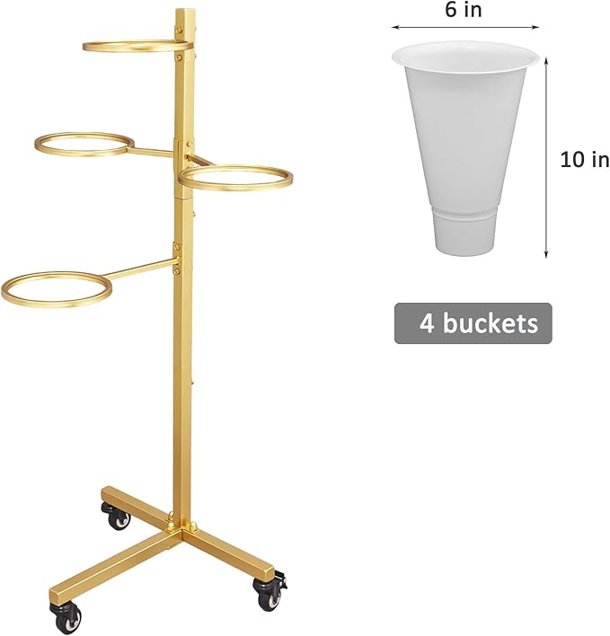 DYALE Flower Display Stand with Buckets - Flower Cart with Wheels for Bouquet Shop, Metal Flower Rack Display Stand for Wedding Garden, Party, Events (Gold, Round buckets)
