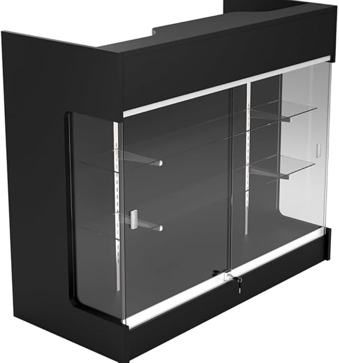 4ft Retail Checkout Counter with Front Glass Display Showcase – Black Ledge Top Store Counter with Tempered Glass, Locking Drawers & Storage Shelves – Boutique Display Cabinet