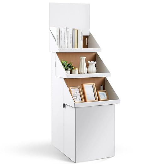 3 Tier Cardboard Display Stand, Point of Purchase Dump Bin Display Rack 65.75 Inch White Corrugated Cardboard 3 Layer Brochure Repeatable Removable Holder for Vendor Events Markets Booklets