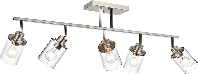 Yaohong 5-Light Brushed Nickel Track Lighting Fixture for Ceiling Mounting Bathroom Vanity Wall Scones with Rotatable Spotlight, Kitchen Track Lighting Fixture with Glass Shade for a Shop Hallway