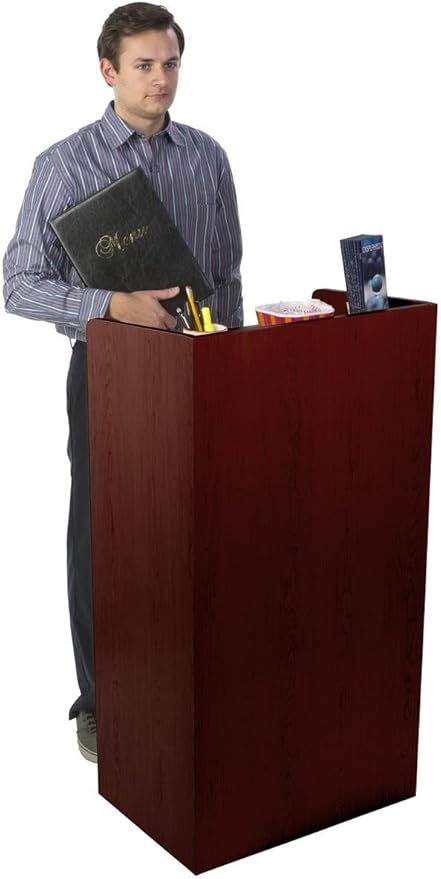 Displays2go Hostess Station, Hidden Wheels, Adjustable Shelf, Mahogany (LCKDPHSSM)