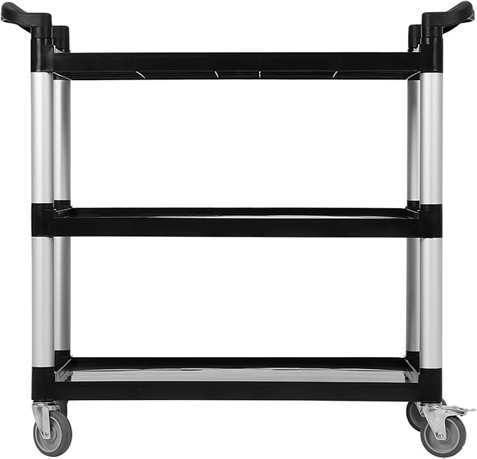 Service Cart 3 Shelf, Plastic Heavy Duty 3-Tier Utility Cart with Wheels, Rolling Utility/Push Cart for Foodservice/Commercial/Restaurant/Office/Warehouse/Kitchen/Hotel