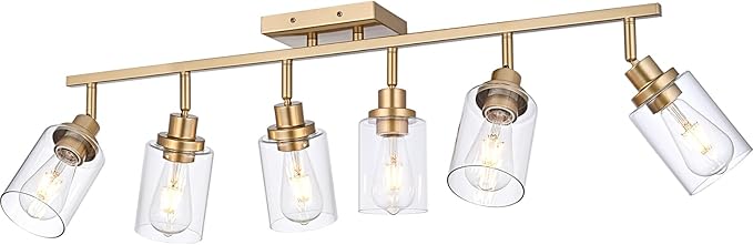 6-Light Track Lighting Kits Gold, Multi-Directional Rotating Kitchen Tracking Light Heads with Clear Glass, Modern Track Lighting Fixture Ceiling Vanity Lights for Bathroom Island Accent Shop