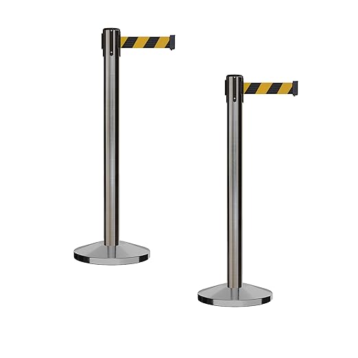 Crowd Control Warehouse CCW Series RBB-150 - Set of 2 Stanchion Retractable Belt Barriers - 16 Foot, Black & Yellow Diagonal Belt with Satin Stainless Steel Post - Easy Assembly