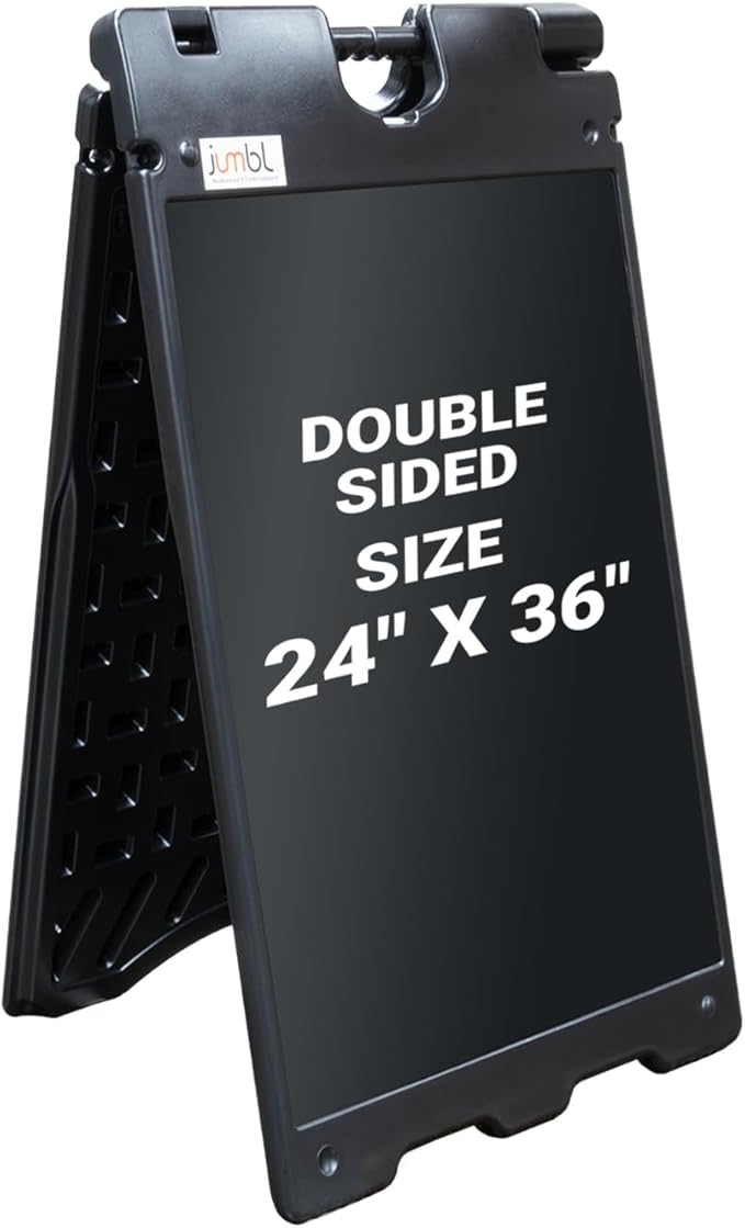 Jumbl Outdoor A-Frame Sandwich Signboard 24” x 36” Display Surface – w/PVC Sign Protector & Sand Fill Holes – Duel Display Signage Stand for Storefront Sidewalk Curb (Black)