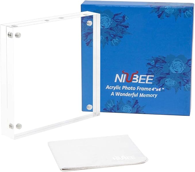 NIUBEE 4x4 Picture Frame, Acrylic Photo Frame 20% Thicker Block, Clear Frameless Acrylic Frames Double Sided，Magnetic frames for Desktop