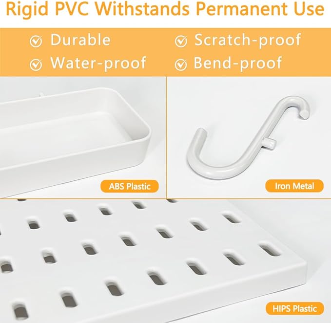 16pcs Pegboard sets, Plastic White Peg board Wall Organizer Kits,4pcs Peg Board and 12 Accessories Modular Hanging, Wall Mount Display Pegboard Panel Sets for Home Office Garage Kitchen Workshop