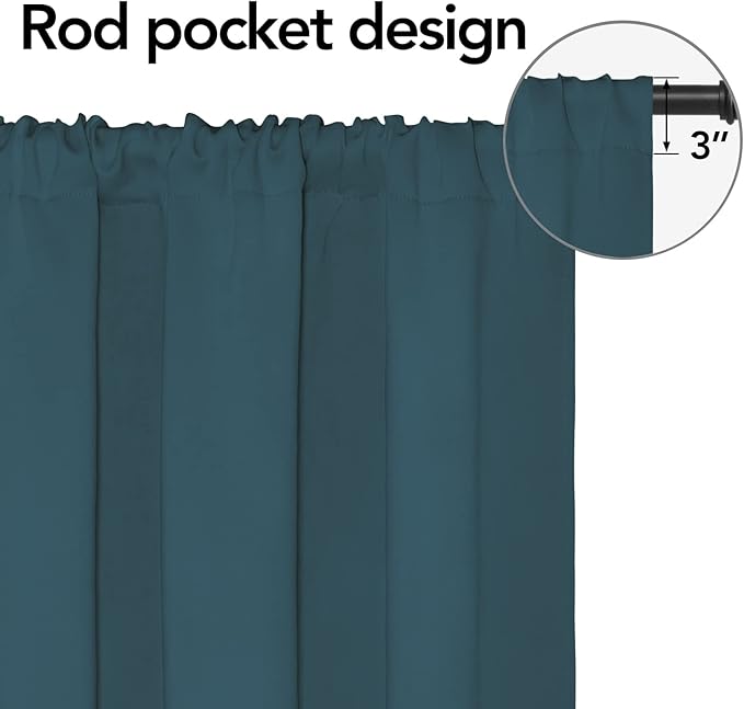 Easy-Going Rod Pocket Blackout Curtains for Bedroom, Room Darkening Window Curtains for Living Room, Thermal Insulated Noise Reduction Solid Window Drapes, 2 Panels(42x45 in, Bluestone)