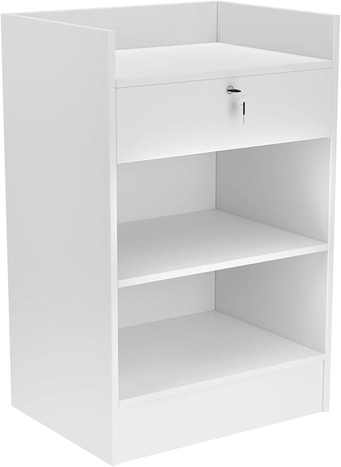WISDOMFUR Portable Cash Register Stand - Cash Wrap Checkout Desk with Locking Drawer & Storage Shelves - Ideal for Retail, Pop-Up Shops, Church, Trade Shows & Reception Areas (White)