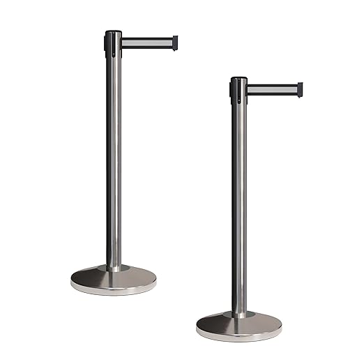 CCW Set of 2 Retractable Belt Barriers Stanchion, Polished Stainless Steel Post, RBB-100 (9 Foot Belt, Black White Horizontal Stripe Belt)