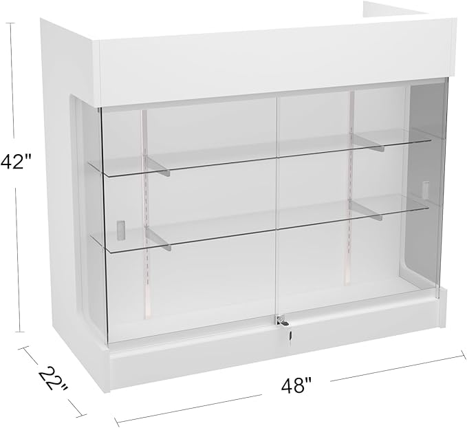 48" W x 22" D x 42" H - Retail Display Case,Ledgetop Counter with Showcase Front, White Retail Counter with Glass Display Cabinet