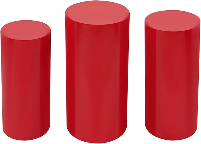 OUKANING 3 PCS Metal Display Pedestal Stands, Cylinder Red Display Stands Pillars, Decoration Cube Sculpture Display Column for Wedding Party Baby Shower Birthday, H27.56'', 26'', 23.62''