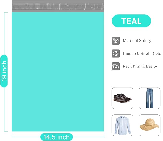 Metronic 500PC Poly Mailers 14.5x19, Sturdy Shipping Bags for Small Business, Waterproof Mailers Poly Bags, Strong Adhesive Shipping Envelopes for Clothing, Efficient Mailing Envelopes in Teal