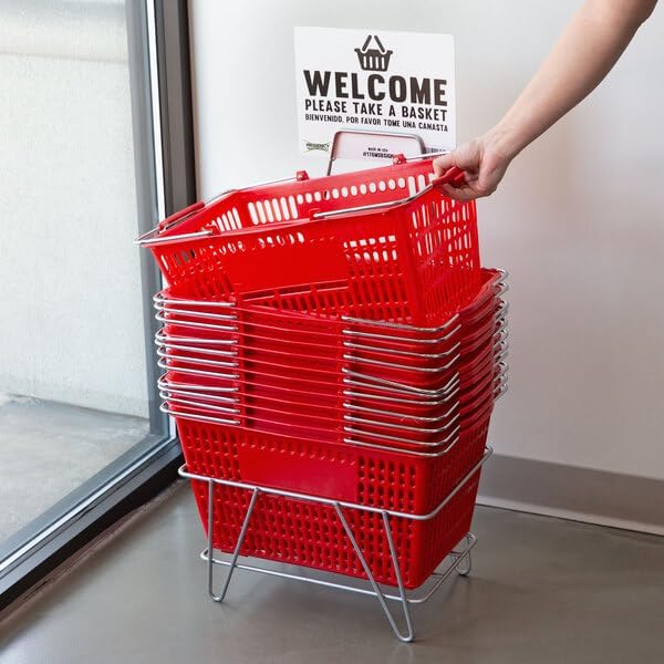 Red Plastic Shopping Basket with Steel Handles, 18 11/16 x 12 3/8 Inch, 32L Capacity, 55 lb Weight Limit, Stackable Design, 12 Pack