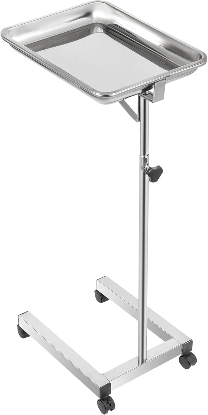 VEVOR Lab Cart, Stainless Steel Mayo Tray Stand 18 x 14 in Trolley Mayo Stand, Adjustable Height 32-51 in Instrument Tray with Removable Tray & 4 Omnidirectional Wheels, Ideal for Home Equipment