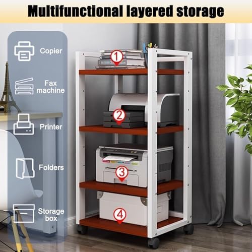 Adjustable 3-Tier Printer Stand, Heavy Duty Under Desk Printer Cart with Storage Shelf, AV Media Stand for Home Office, White & Light Walnut Finish (4-Tier)