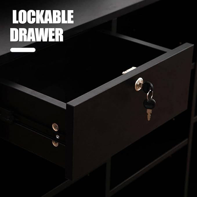 48" W x 22" D x 42" H - Retail Sales Counter with Adjustable Glass Shelves, Tempered Glass, Black Laminated Particle Board, Locking Drawers