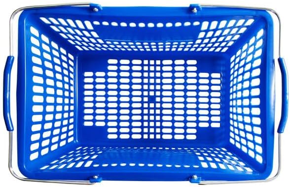 Plastic Shopping Basket, Blue, Steel Handles, 18 11/16 x 12 3/8 x 10 7/16 Inches, 55 lb Capacity, Stackable Design for Grocery Market