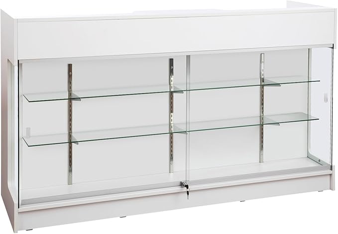 72" W x 22" D x 42" H - Glass Showcase Display Cabinet with Lockng, 6FT Ledgetop Counter with Showcase Front, White Retail Counter Glass Display Cabinet