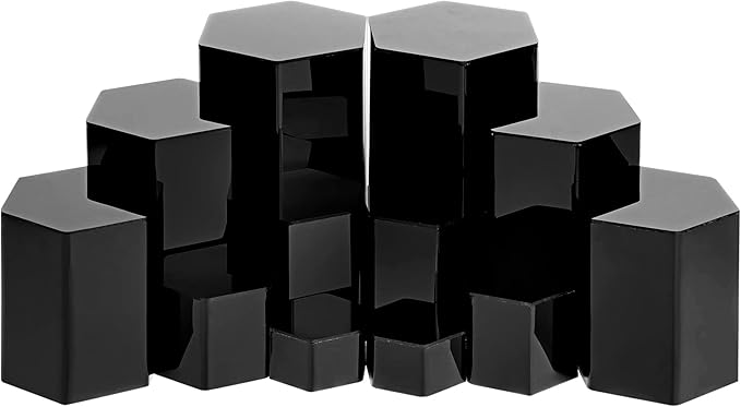 Jetec Hexagonal Jewelry Display Risers Hexagonal Market Display Risers Stands Acrylic Showcase Acrylic Stand for Jewelry Model Figures Decoration, 6 Sizes(Black,12 Pieces)