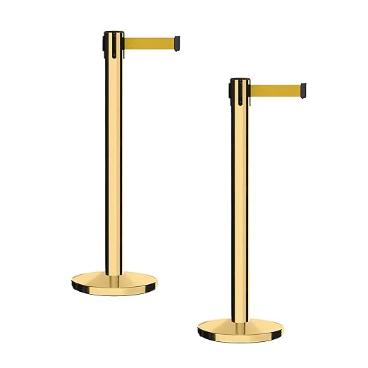 Montour Line MI650 Set of 2 Retractable Belt Barrier Stanchion, Cast Iron Base, Polished Brass Post (16 ft Yellow Belt)