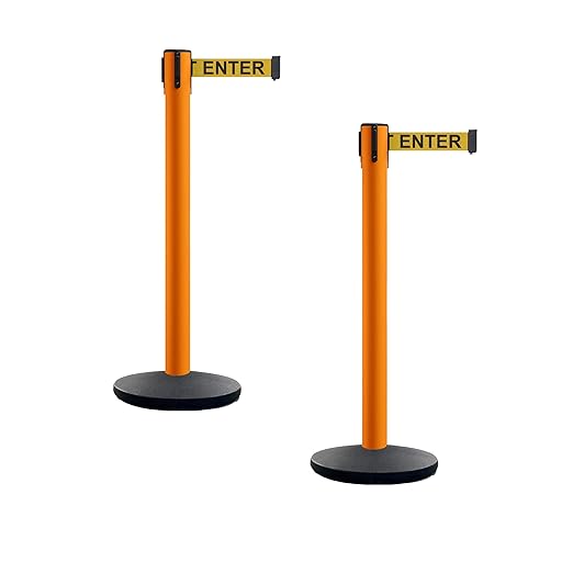 Montour Line MI650 Set of 2 Retractable Belt Barrier Stanchion, Cast Iron Base, Orange Post (16 ft Yellow with"Caution - DO NOT Enter" Black Letters Belt)