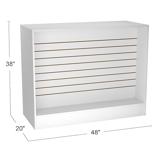 48” W ×20” D × 38” H - Ledge top Checkout Counter with Slatwall Display Front, White Wooden Slat Wall Cash Register Stand,Retail Counter Display