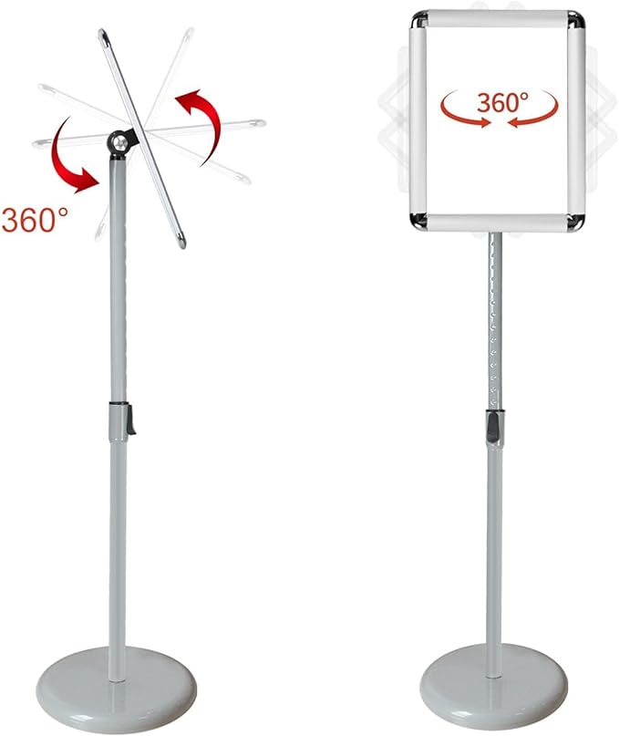 Adjustable Pedestal Sign Holder Stand, Poster Stand Aluminum Snap Open Frame for 11X17 Inches with Heavy Round Base, Both Vertical and Horizontal Sign Displayed (Sliver)