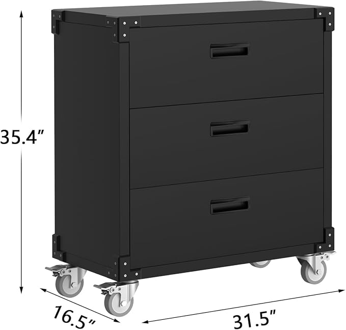 Metal Storage Cabinet with 3 Drawers on Wheels, Heavy Duty Mobile Rolling Tool Cart & Tool Chest, Lockable Utility Cabinet for Garage, Workshop, Home, Office, Warehouse, Black