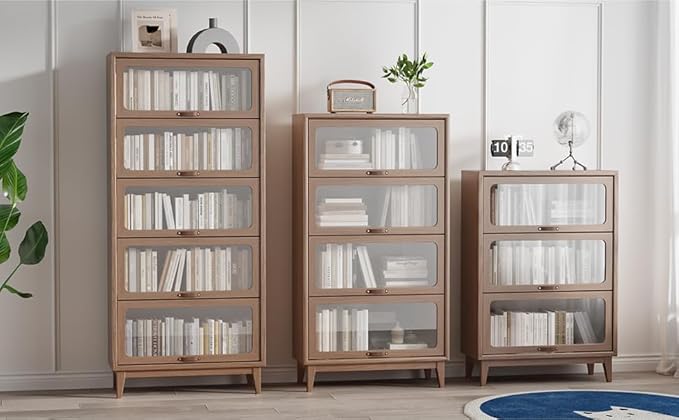 KungFuWood Wooden Bookcase with Tempered Glass Doors, Large Solid Wood Bookshelf Glass Front Bookshelves flip top Display Cabinet case Hidden Glass Doors for Apartments, Home Offices (4 tire 60")