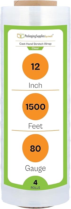 PSBM 4 Rolls 12 Inch x 1500 Feet 80 Gauge Stretch Film/Wrap Heavy Duty, Industrial Strength Clear Shrink Wrap for Shipping, Packaging, Moving, Bundling or Storage