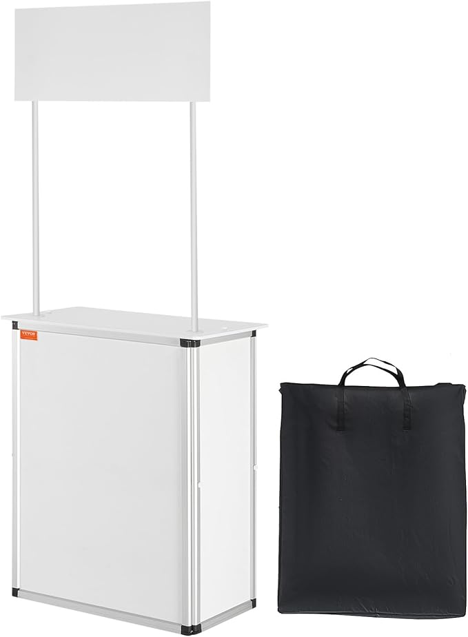 VEVOR Promotion Counter Table, Portable Tradeshow Podium Table, 30.91" x 14.96" x 71.46", Display Exhibition Counter Stand Booth Fair with Wall, Pop Up Podium with Storage Rack/Carrying Bag