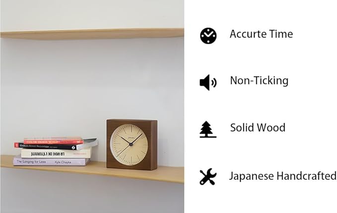 Wooden Desk Clock Japanese Handcrafted Solid Wood Clock Silent Non-Ticking Battery Operated Modern Decorative for Living Room Bedroom Office LINE Desk Clock CH-075 (Dark Brown)